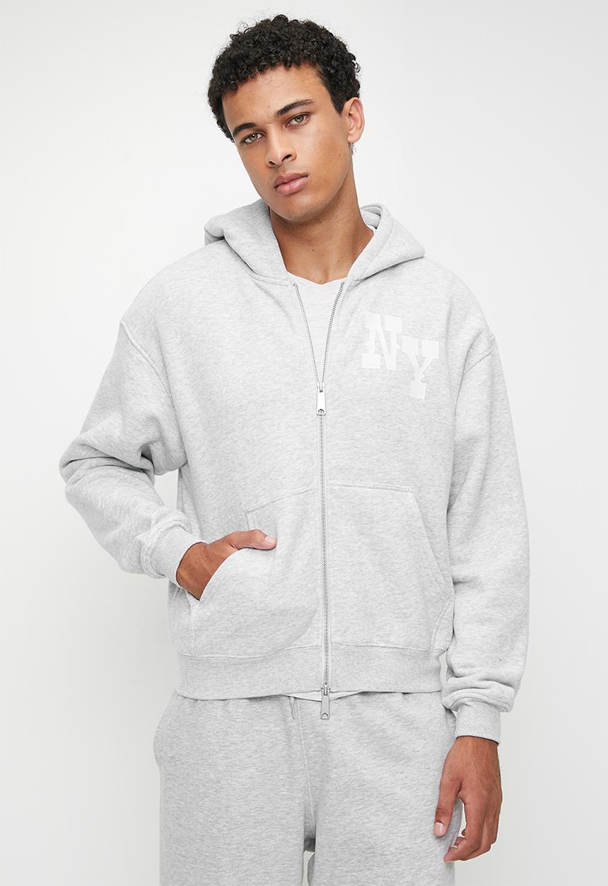 Cotton On - Box Fit Graphic Zip Up Hoodie - Grey Marle/Ny