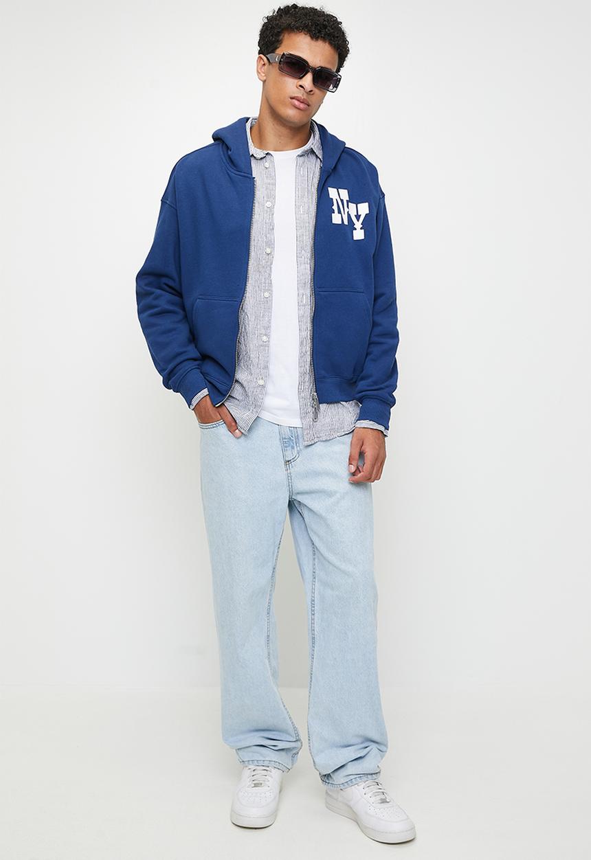 Cotton On - Box Fit Graphic Zip Up Hoodie - Limoges Blue/Ny Letter