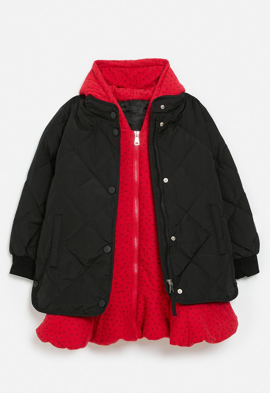 Pop Candy - Hooded puffer dress set-black & red
