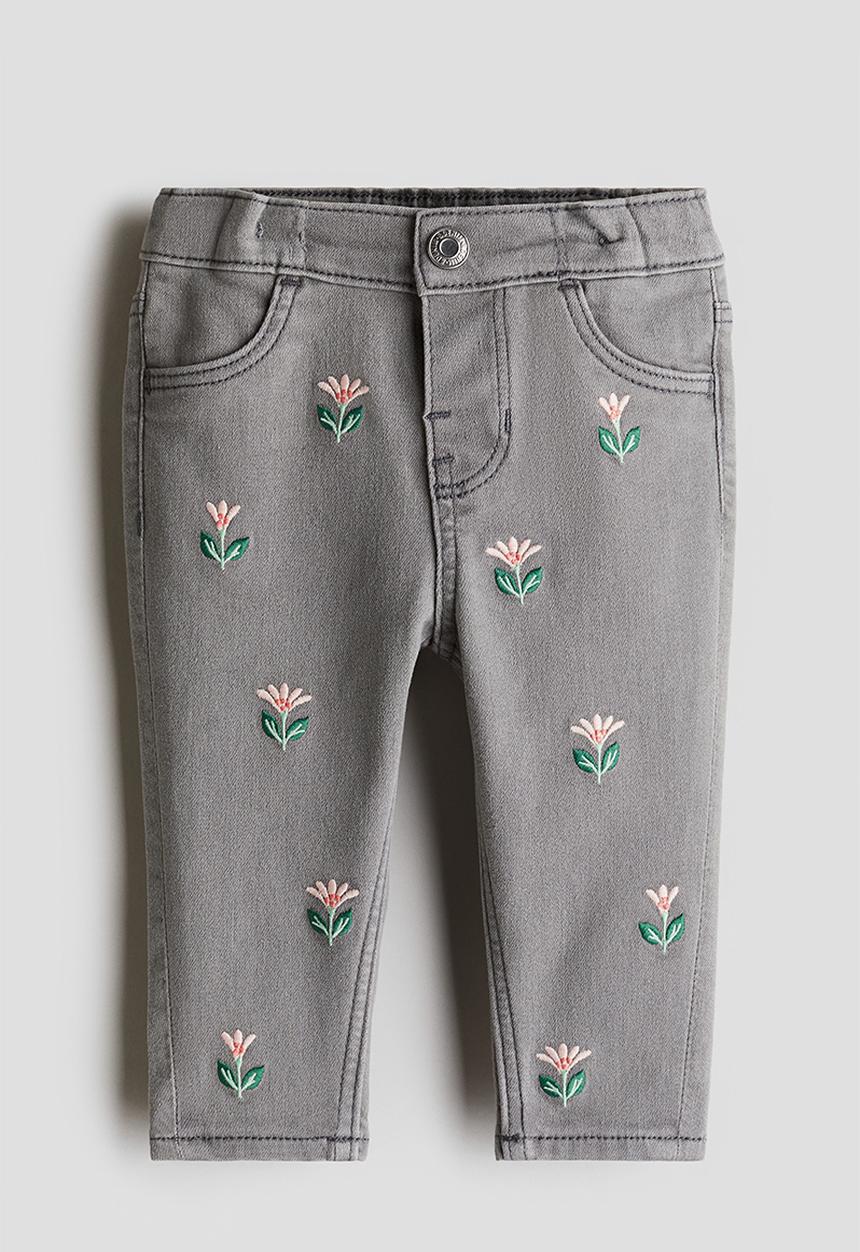 H&M - Embroidered jeans - light grey & floral 