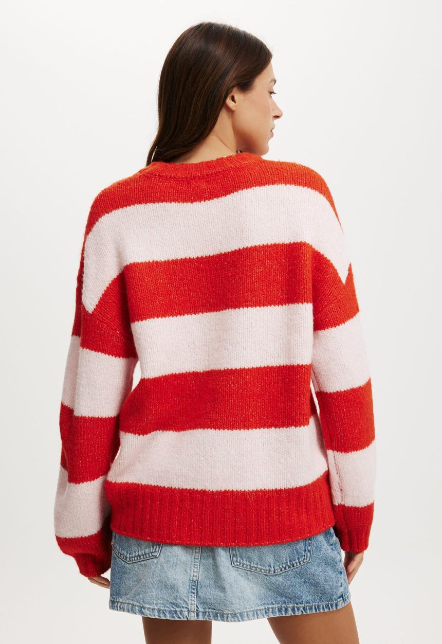 Cotton On - Luxe crew pullover - red poppy/ pink stripe