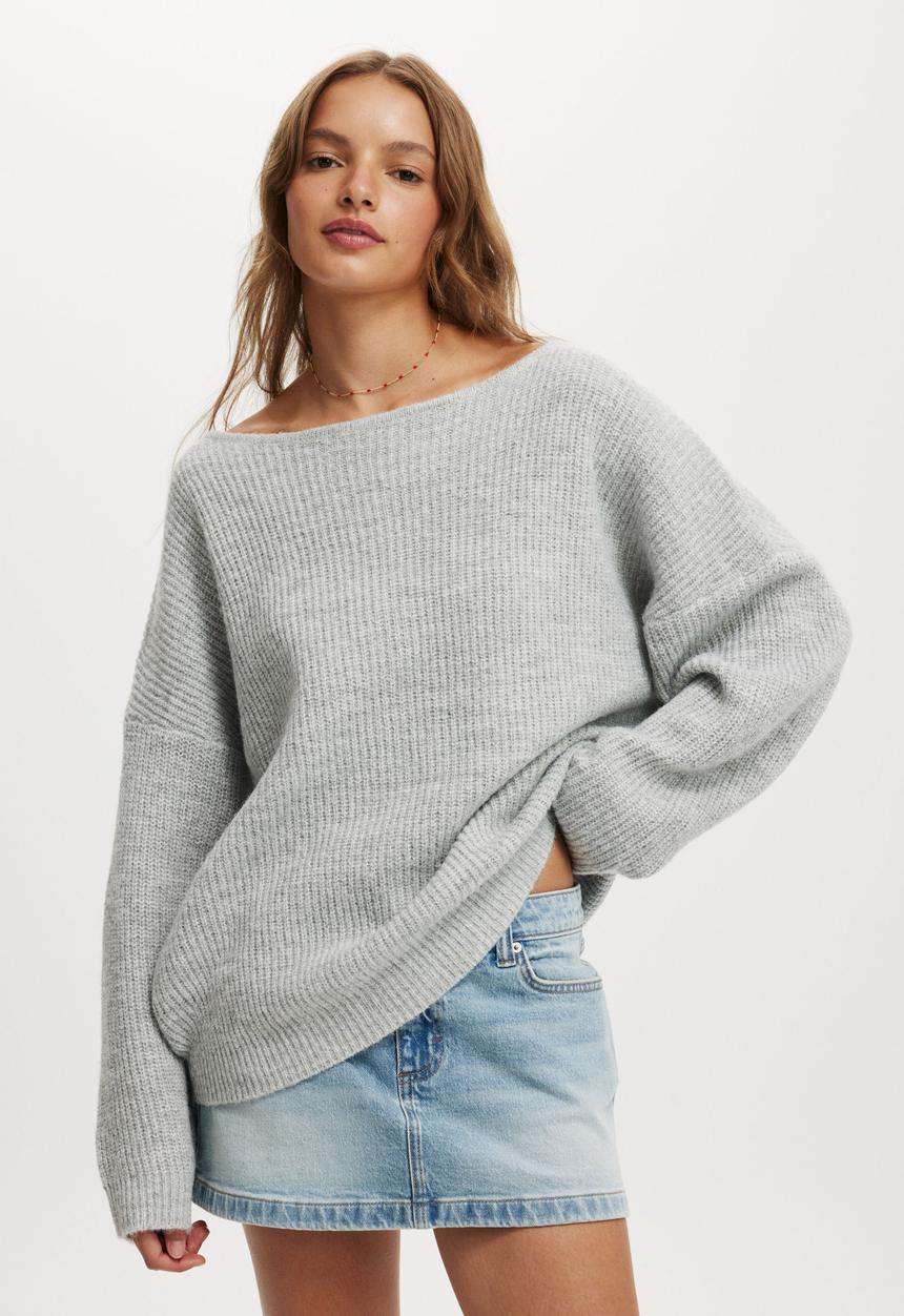 Cotton On - Luxe rib boatneck off shoulder - grey marle
