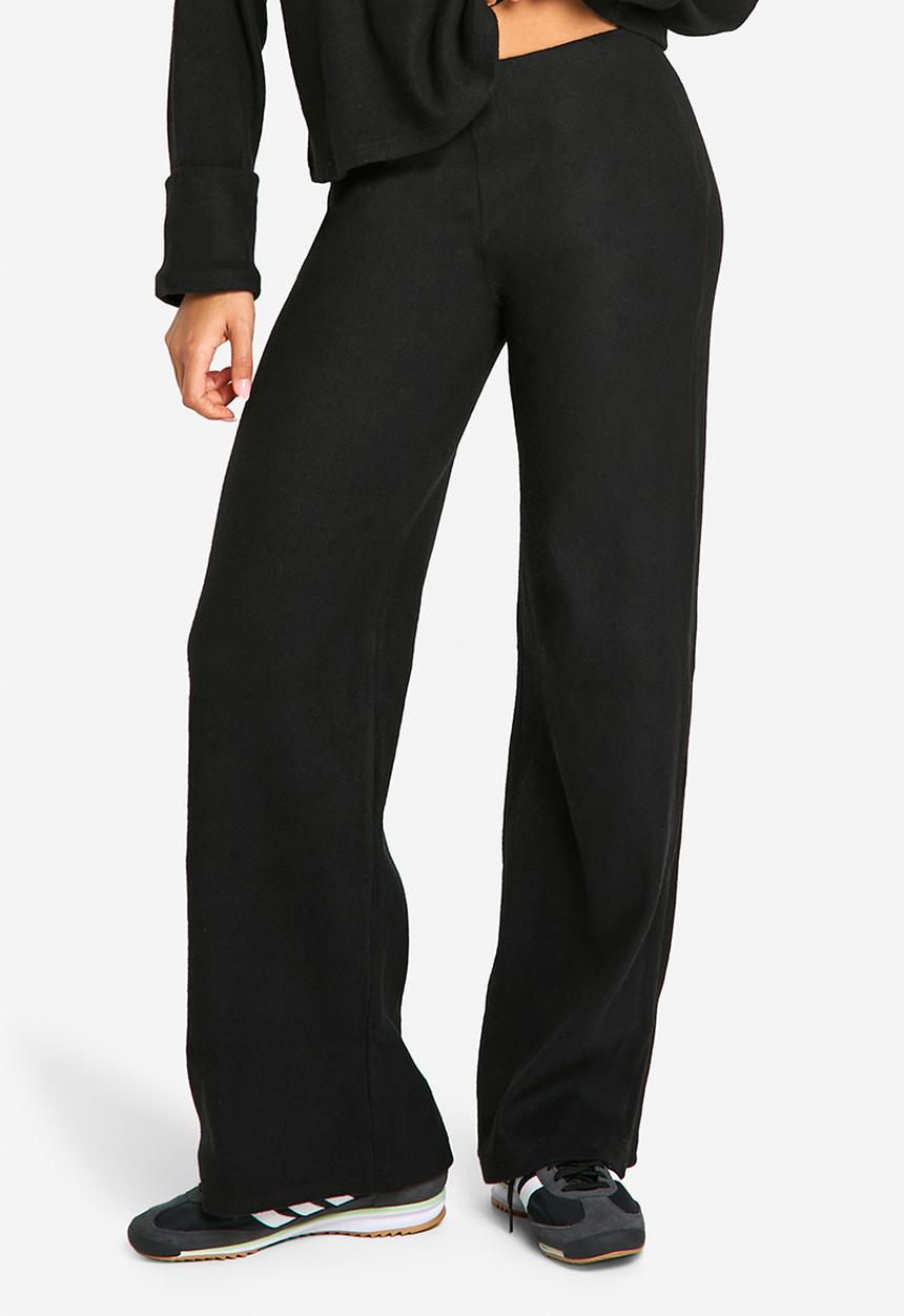 boohoo - Brushed Rib Wide Leg Trousers - Black