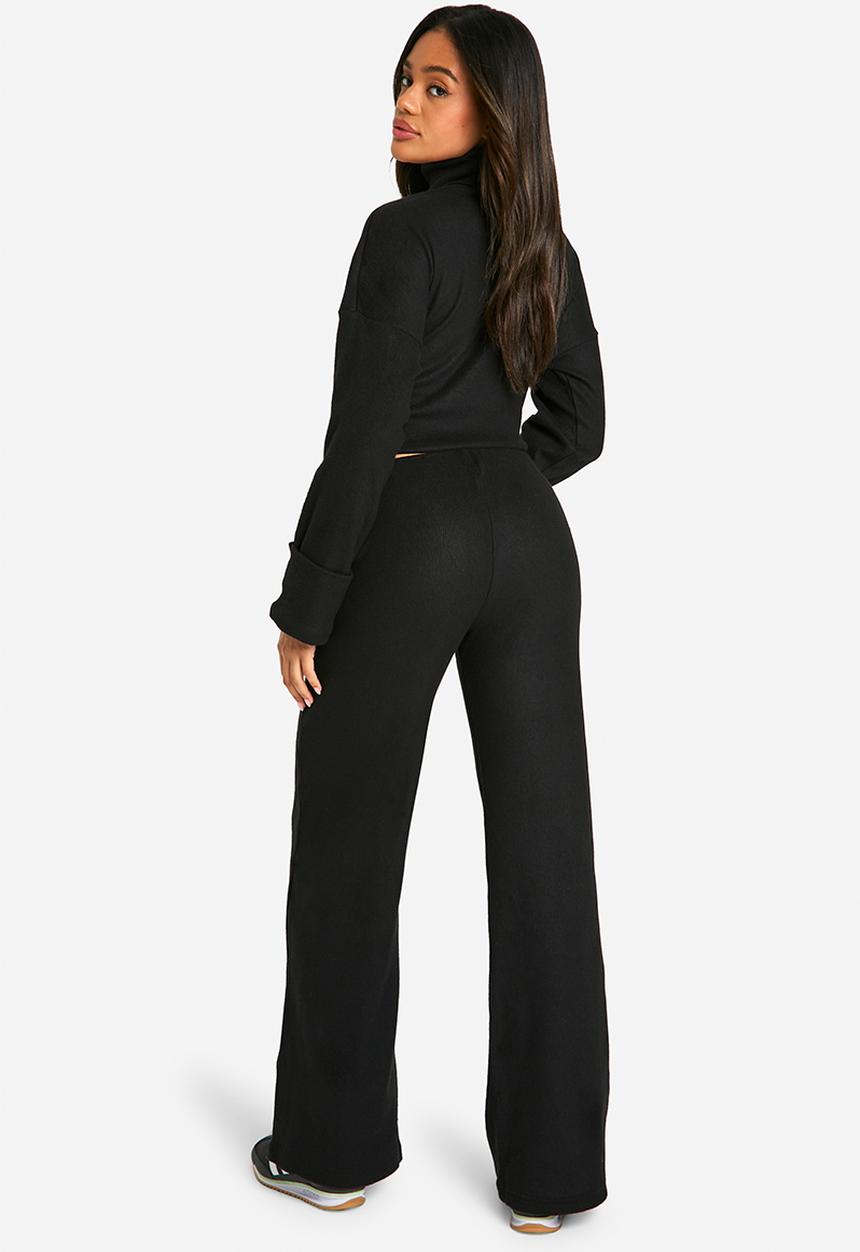boohoo - Brushed Rib Wide Leg Trousers - Black