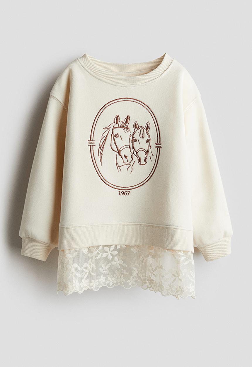 H&M - Lace-trimmed sweatshirt - light beige horses 