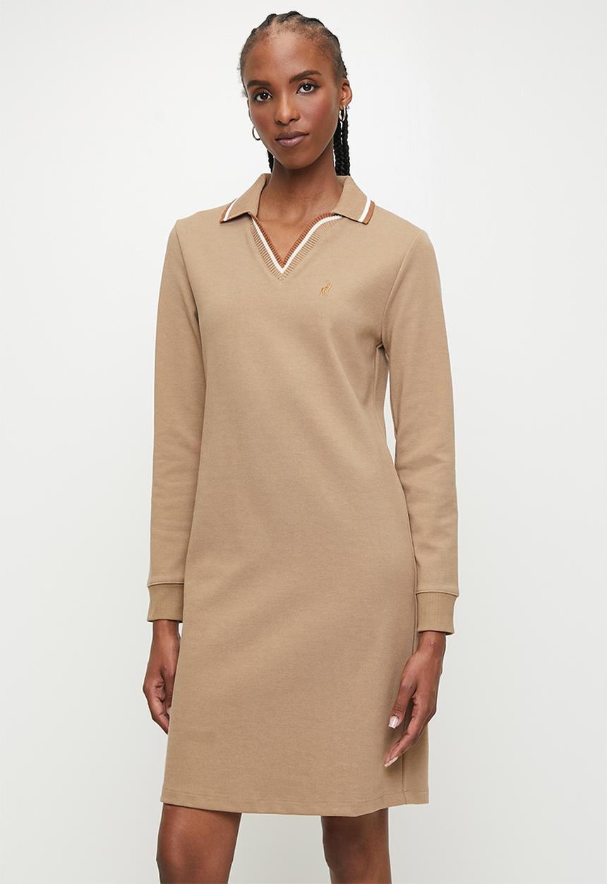 POLO - Wmn sam long sleeve v-neck dress - stone