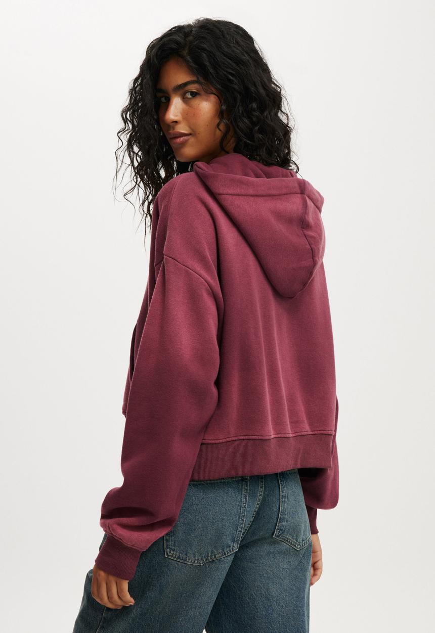 Cotton On - Plus  classic fleece oversized zip through hoodie - washed sour cherry