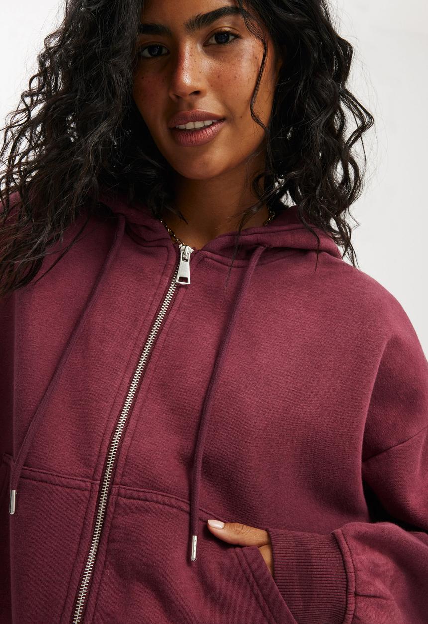 Cotton On - Plus  classic fleece oversized zip through hoodie - washed sour cherry