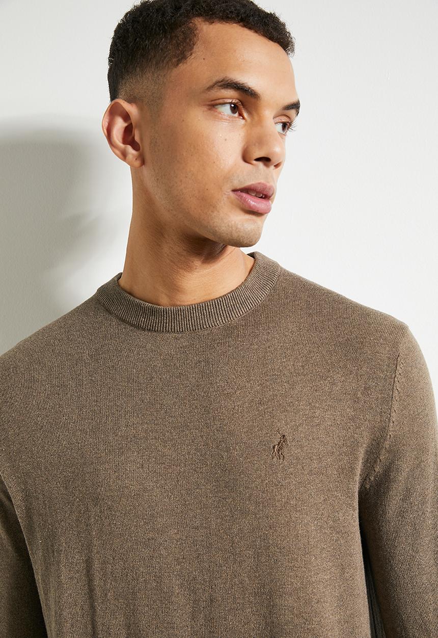 POLO - Mens Essential Cotton Crew Long Sleeve Knitwear - Taupe