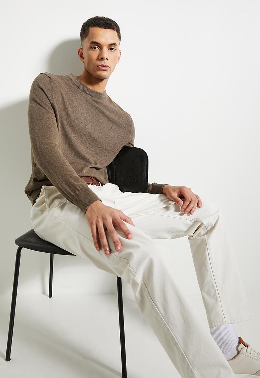 POLO - Mens Essential Cotton Crew Long Sleeve Knitwear - Taupe