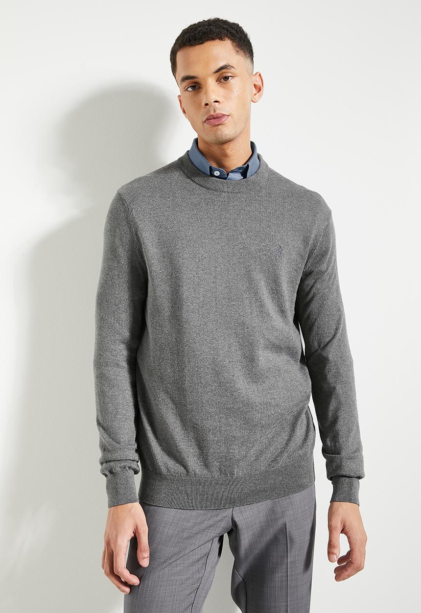 POLO - Mens Essential Cotton Crew Long Sleeve Knitwear - Charcoal Melange
