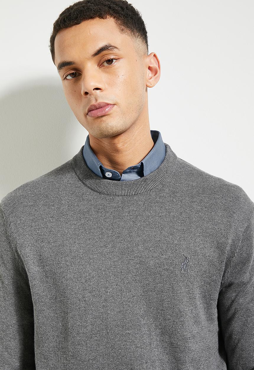 POLO - Mens Essential Cotton Crew Long Sleeve Knitwear - Charcoal Melange