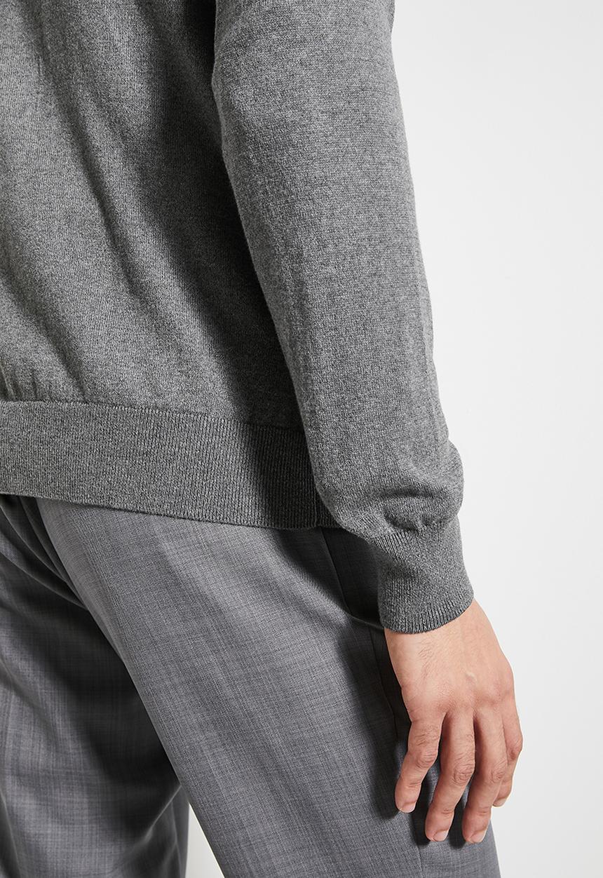 POLO - Mens Essential Cotton Crew Long Sleeve Knitwear - Charcoal Melange