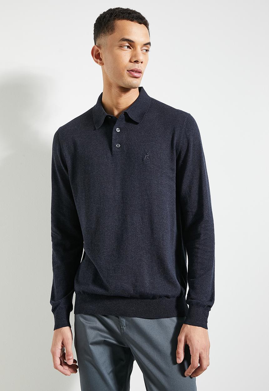 POLO - Mens Cotton Long sleeve Golfer Knitwear - Navy