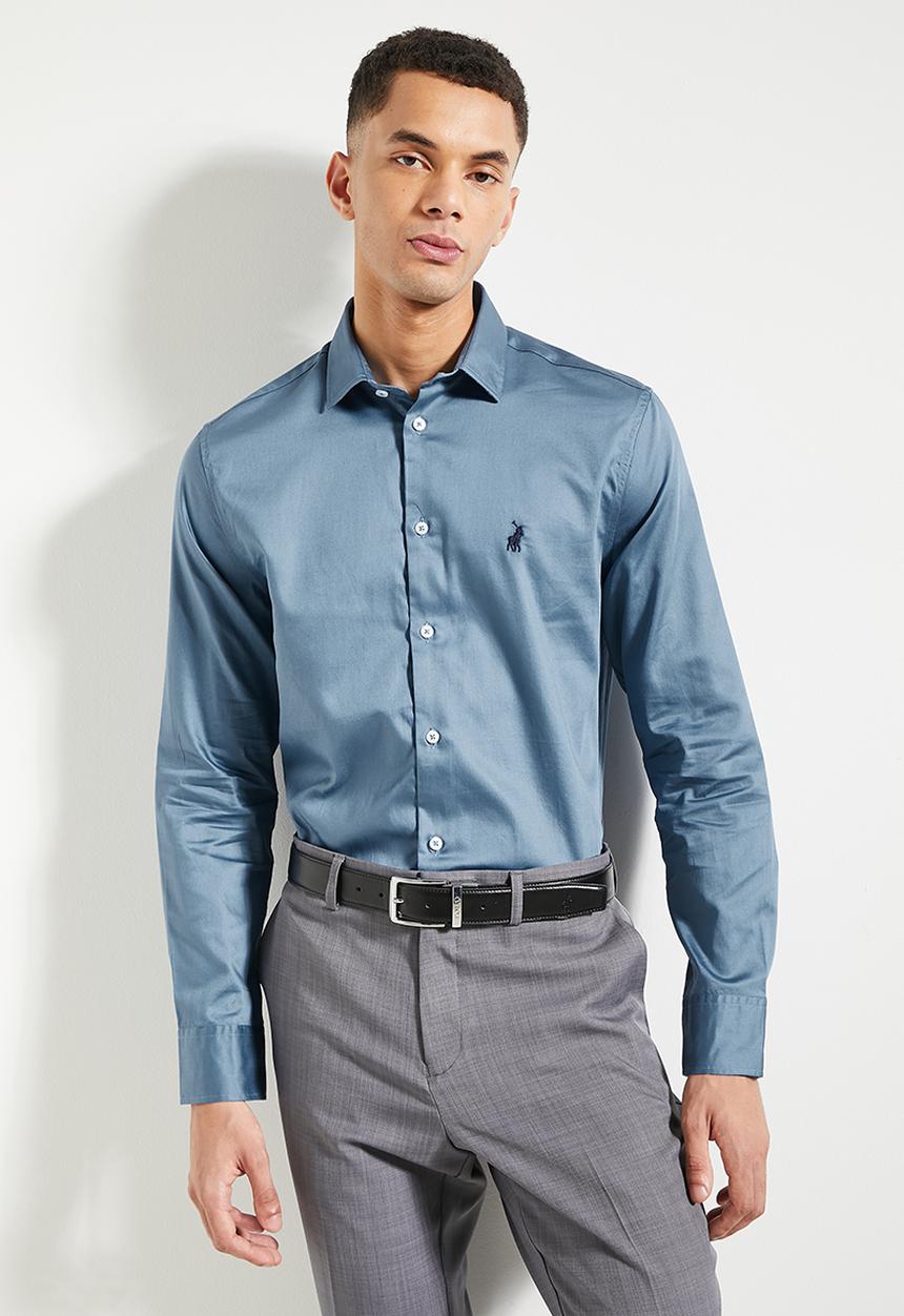 POLO - Mens Essential Sateen Long sleeve Shirt - Blue