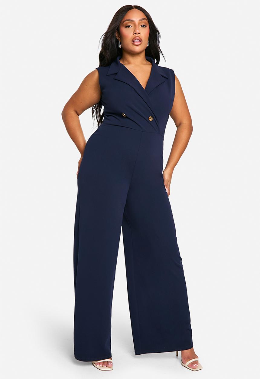 boohoo - Plus Wrap Over Waist Coat Wide Leg Jumpsuit - Navy