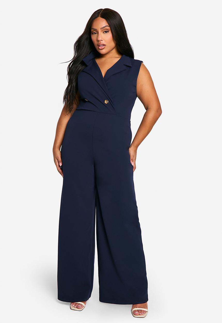 boohoo - Plus Wrap Over Waist Coat Wide Leg Jumpsuit - Navy