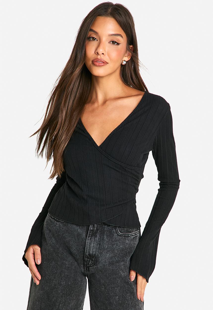boohoo - Brushed Rib Wrap Front Long Sleeve Top - Black