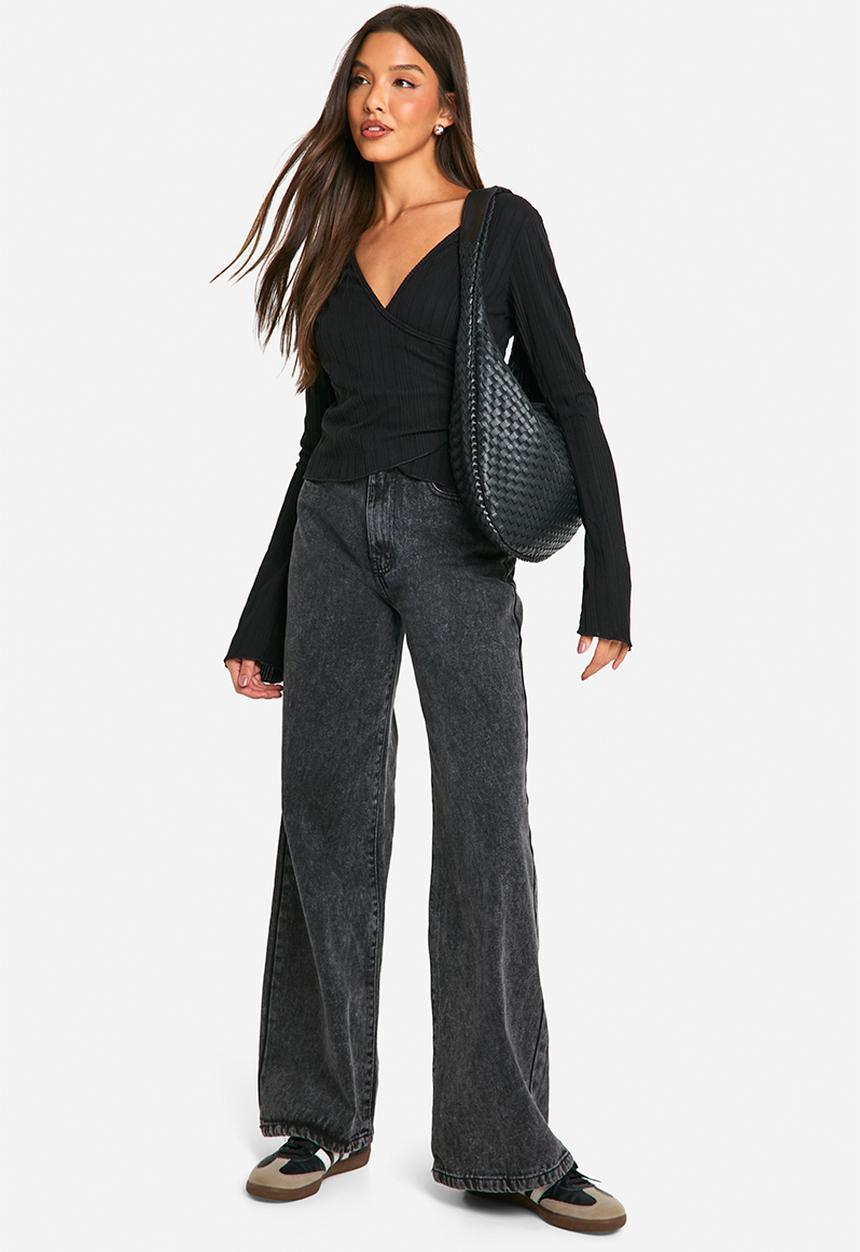 boohoo - Brushed Rib Wrap Front Long Sleeve Top - Black