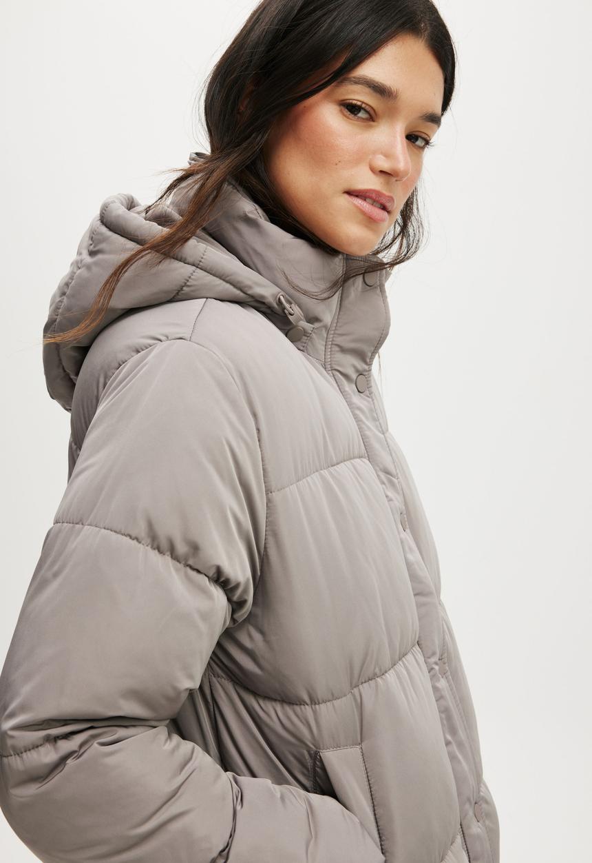 Cotton On - The Mother Puffer Removable Hood Jacket - Desert Grey