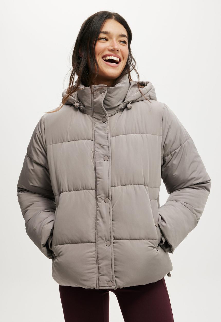Cotton On - The Mother Puffer Removable Hood Jacket - Desert Grey