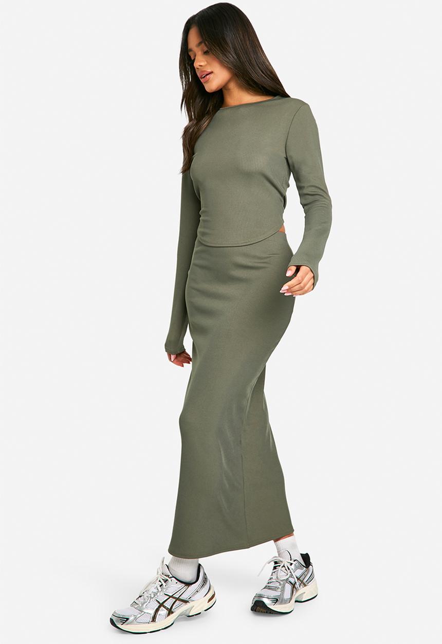 boohoo - Rib Midaxi Skirt - Khaki