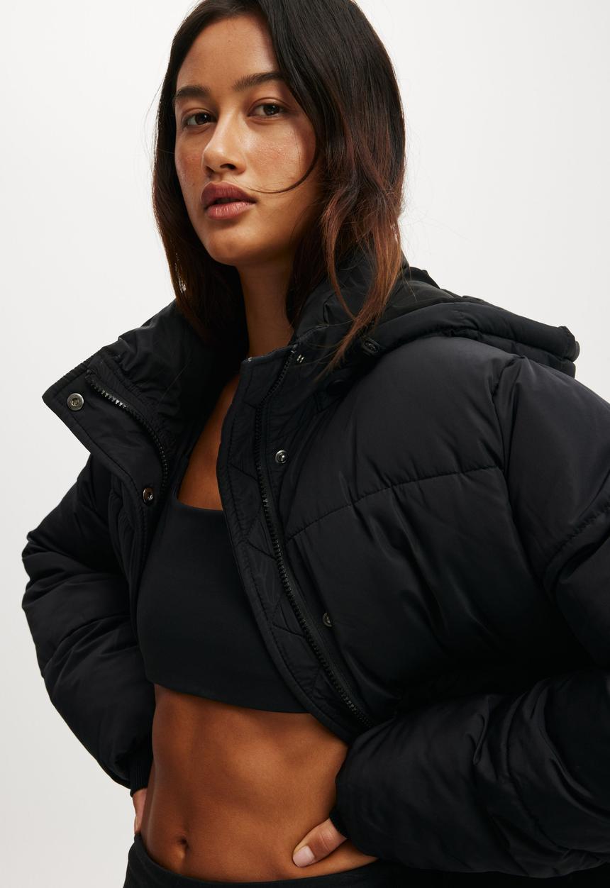 Cotton On - The Mother Puffer Removable Hood Jacket - Black