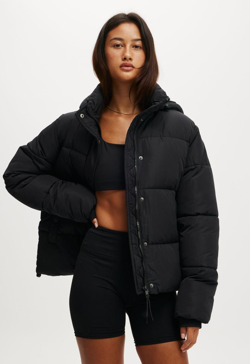 Cotton On - The Mother Puffer Removable Hood Jacket - Black