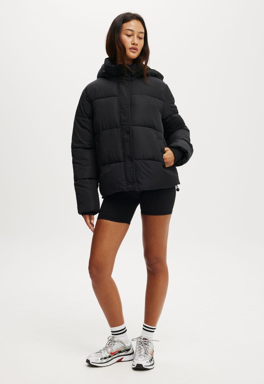 Cotton On - The Mother Puffer Removable Hood Jacket - Black