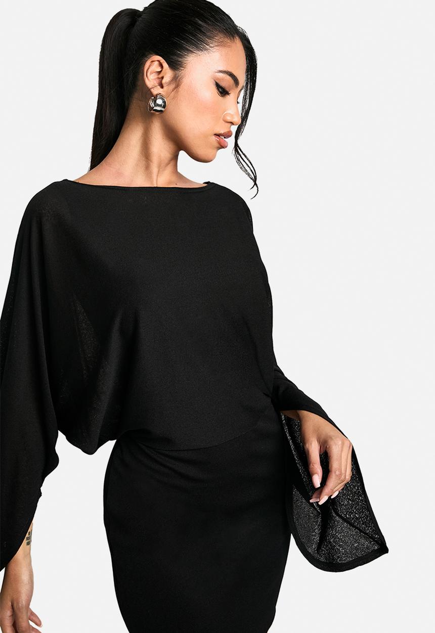 boohoo - Boat Neck Flare Sleeve Mini Dress - Black