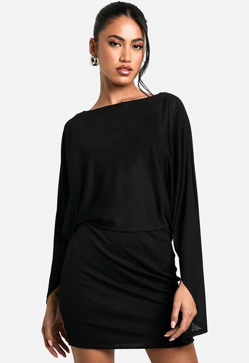 boohoo - Boat Neck Flare Sleeve Mini Dress - Black