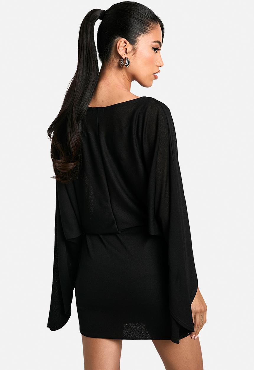 boohoo - Boat Neck Flare Sleeve Mini Dress - Black