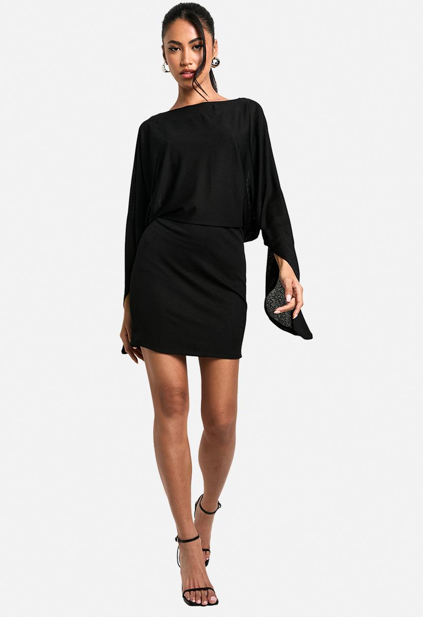 boohoo - Boat Neck Flare Sleeve Mini Dress - Black