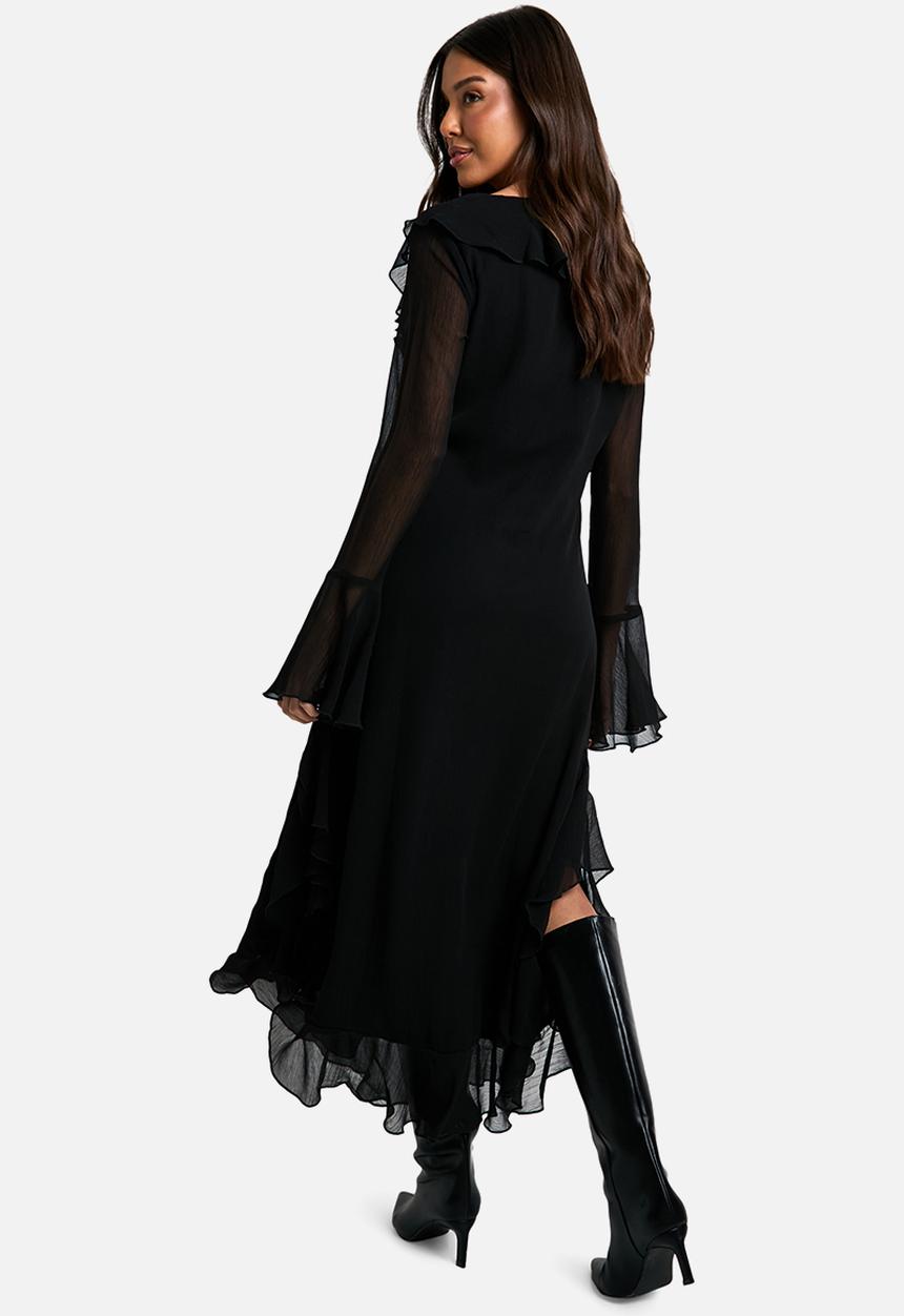boohoo - Crinkle Chiffon Ruffle Midaxi Dress - black