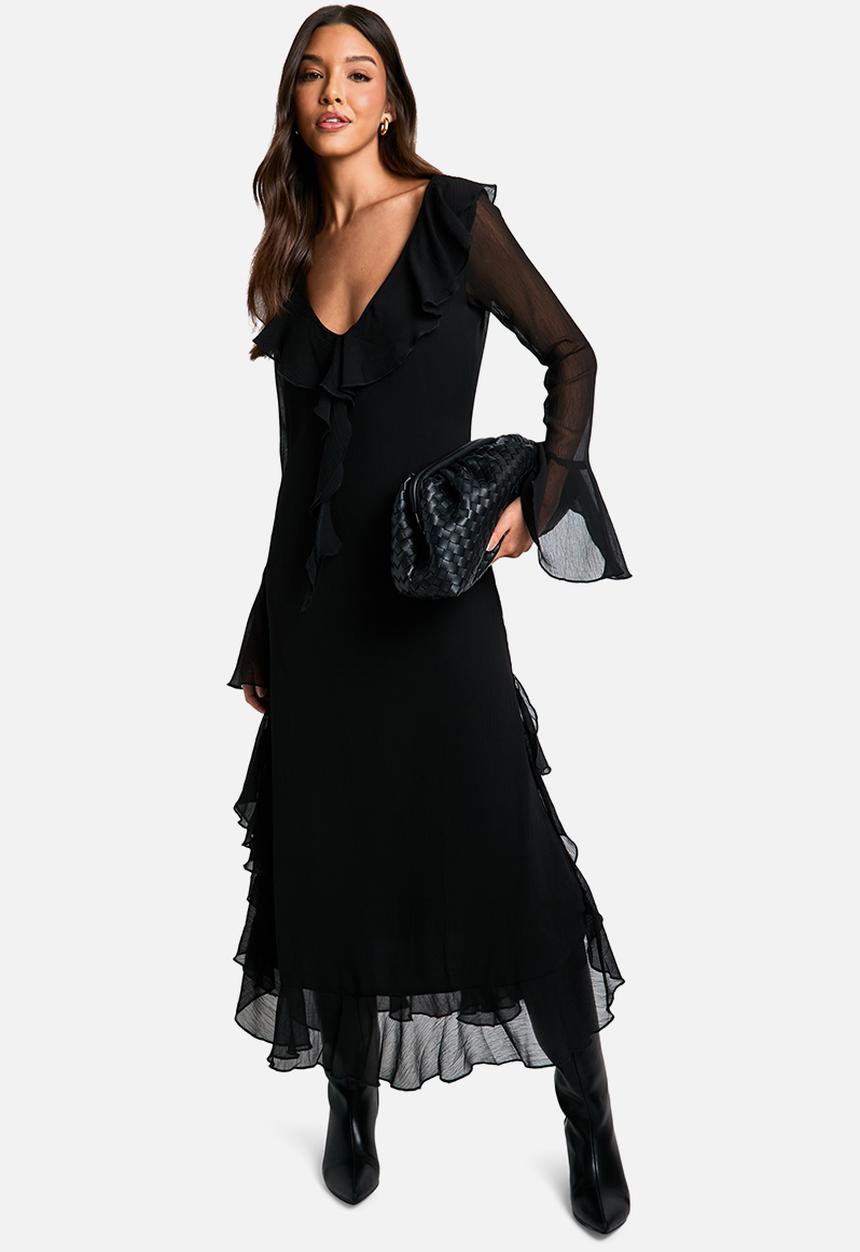 boohoo - Crinkle Chiffon Ruffle Midaxi Dress - black