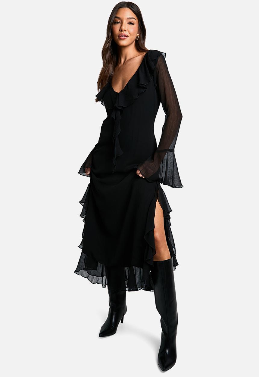 boohoo - Crinkle Chiffon Ruffle Midaxi Dress - black