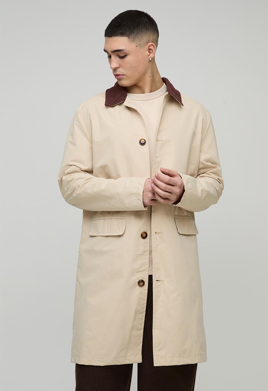 boohooMAN - Cord Collar Button Through Mac - Sand