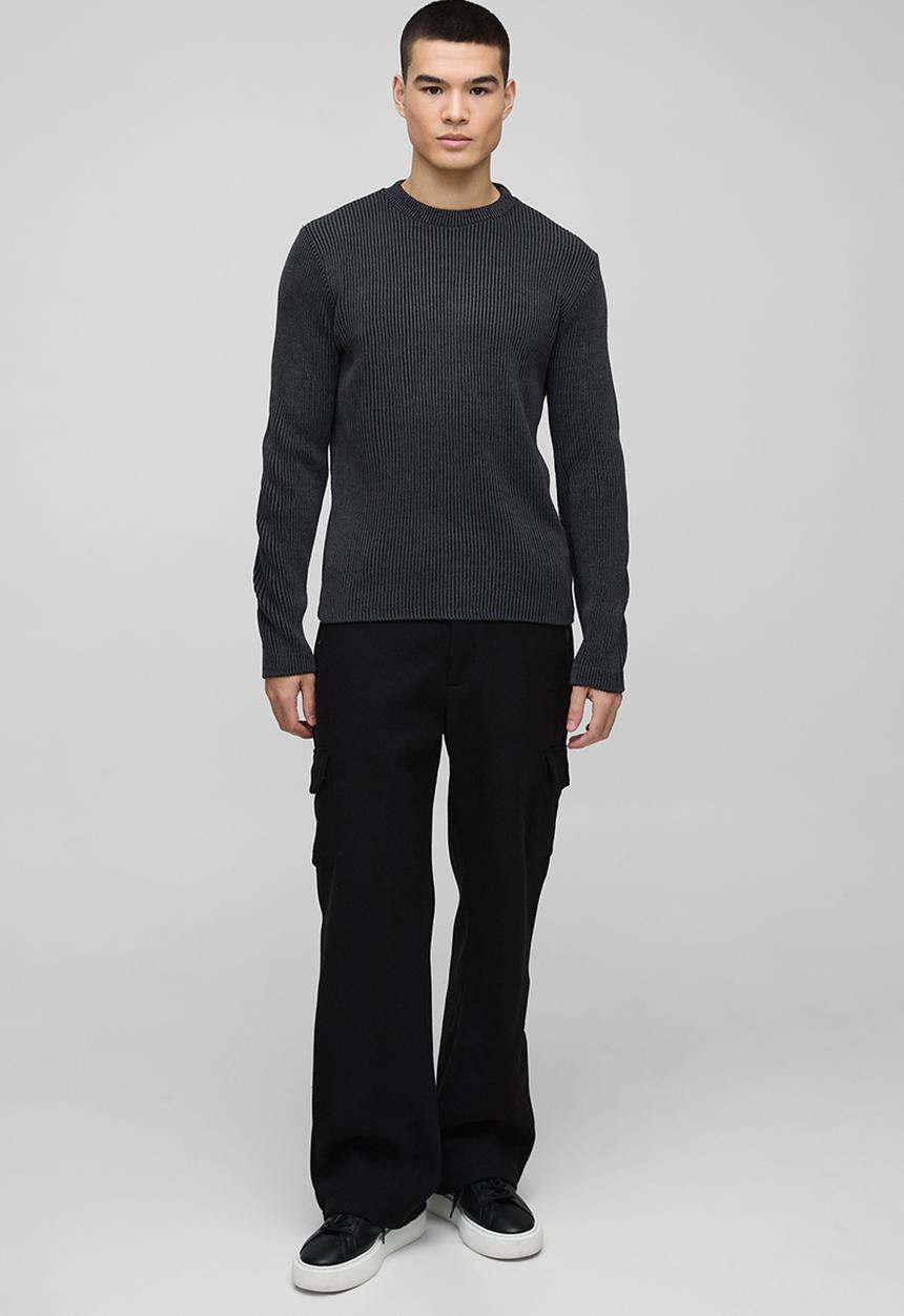 boohooMAN - Regular Crew Neck Plated Ribbed Knit Jumper - Black
