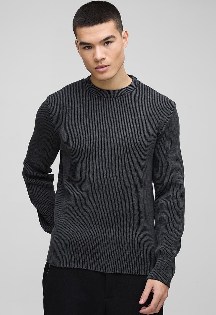 boohooMAN - Regular Crew Neck Plated Ribbed Knit Jumper - Black