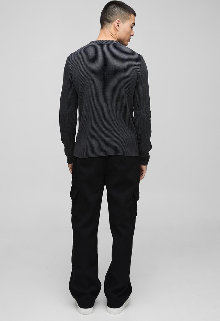 boohooMAN - Regular Crew Neck Plated Ribbed Knit Jumper - Black