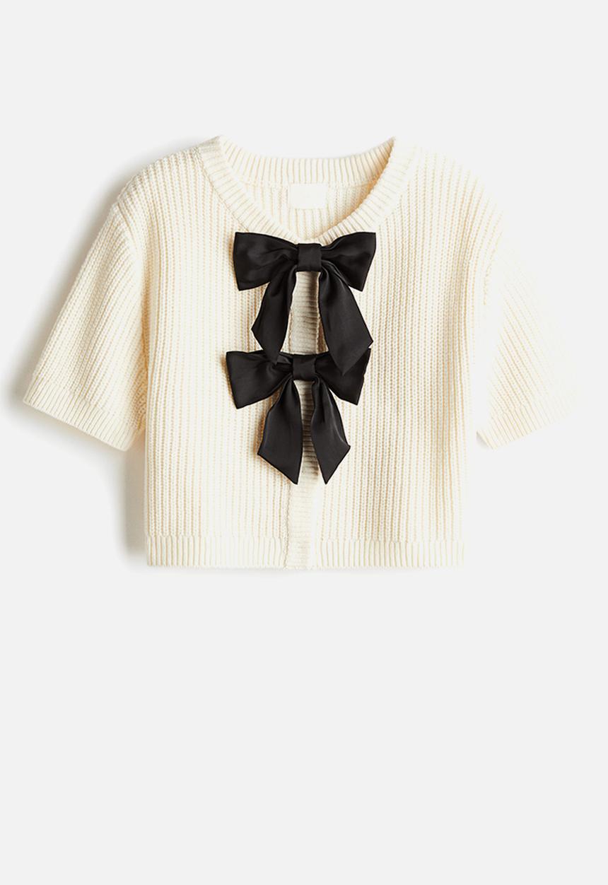 H&M - Rib-knit bow-front cardigan - cream