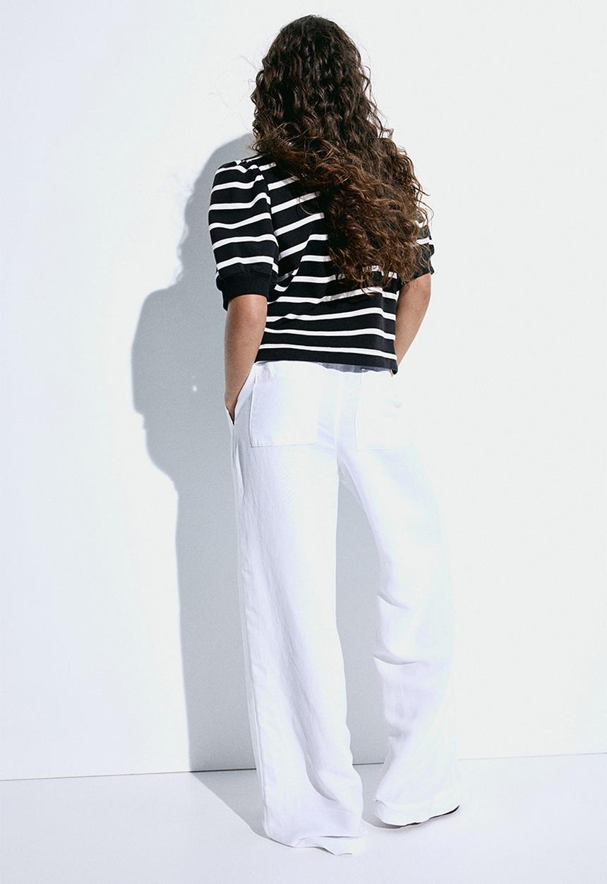 H&M - Puff-sleeved top - - black/white striped 