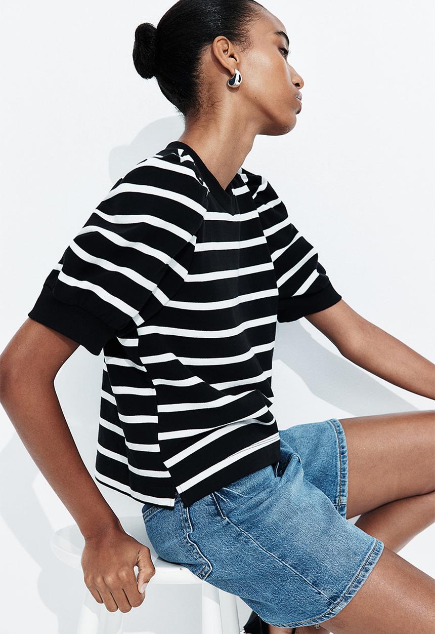 H&M - Puff-sleeved top - - black/white striped 