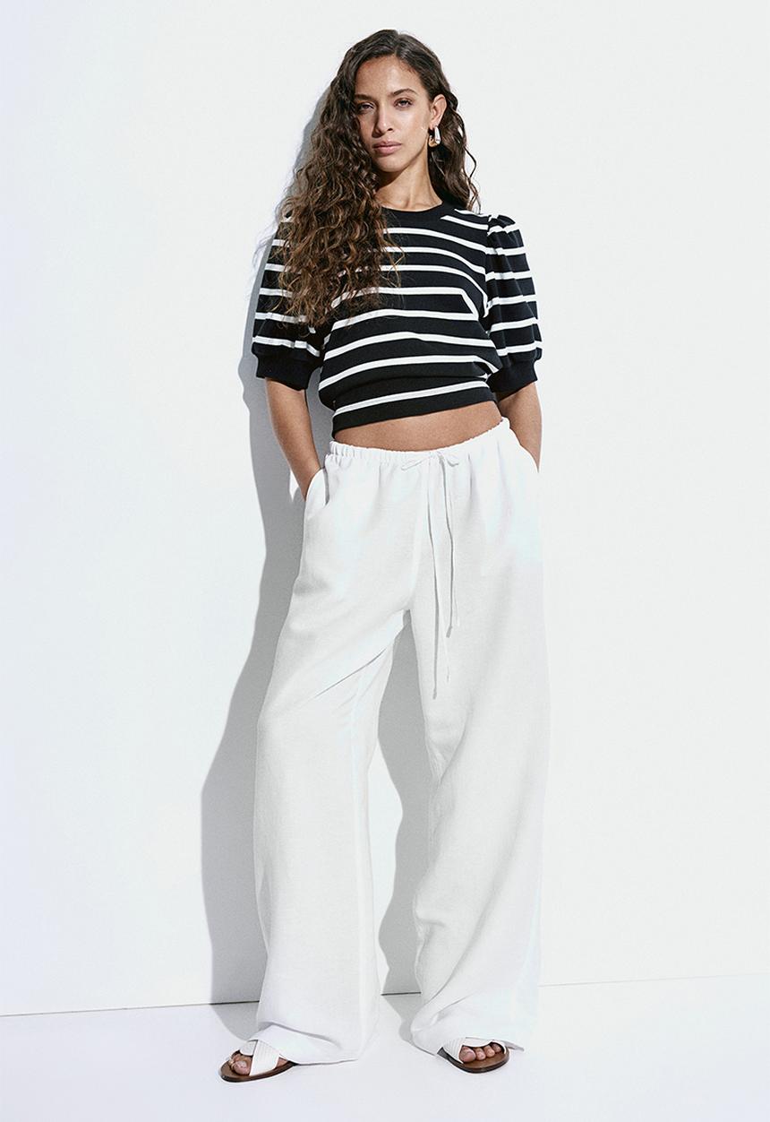 H&M - Puff-sleeved top - - black/white striped 