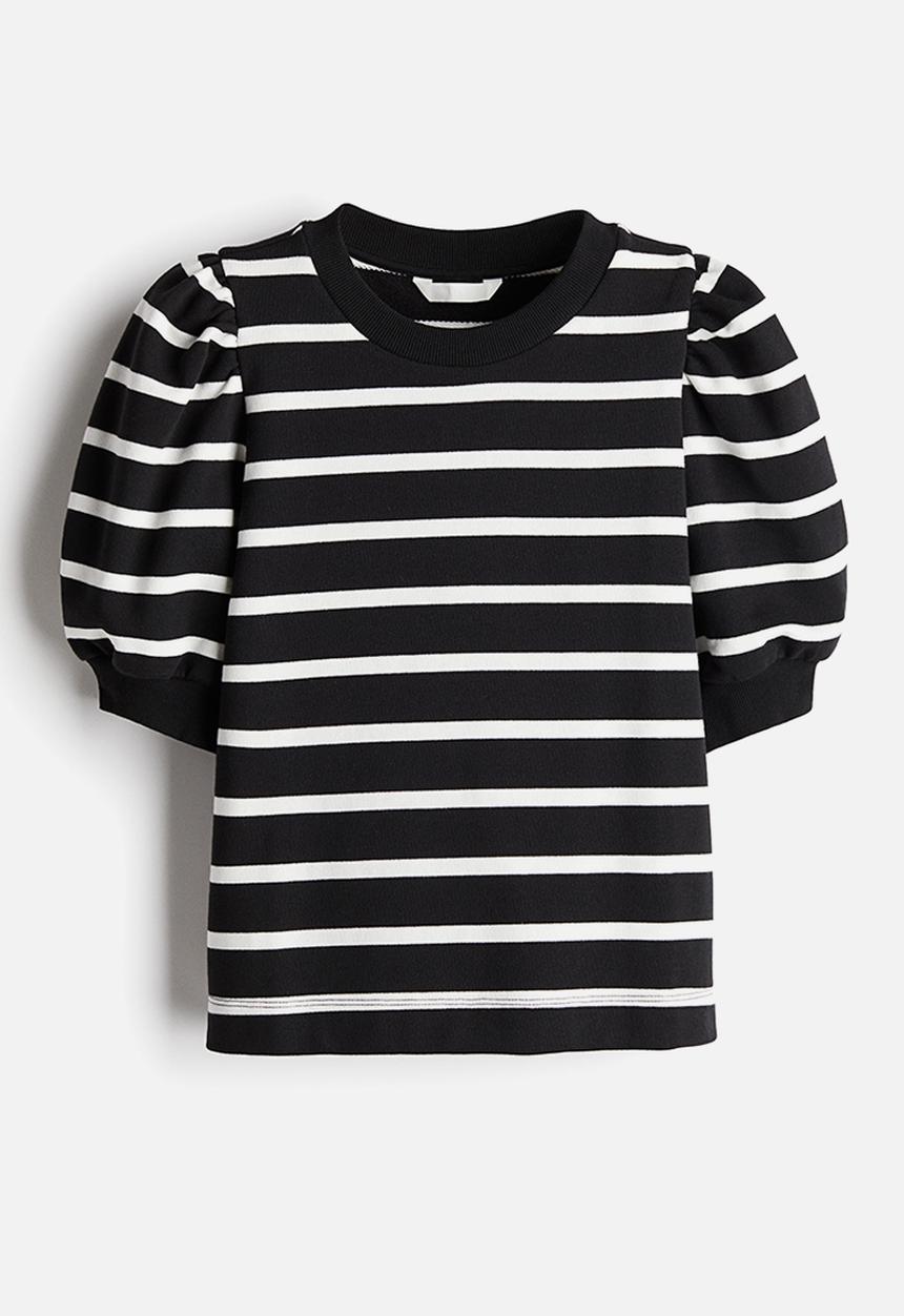 H&M - Puff-sleeved top - - black/white striped 
