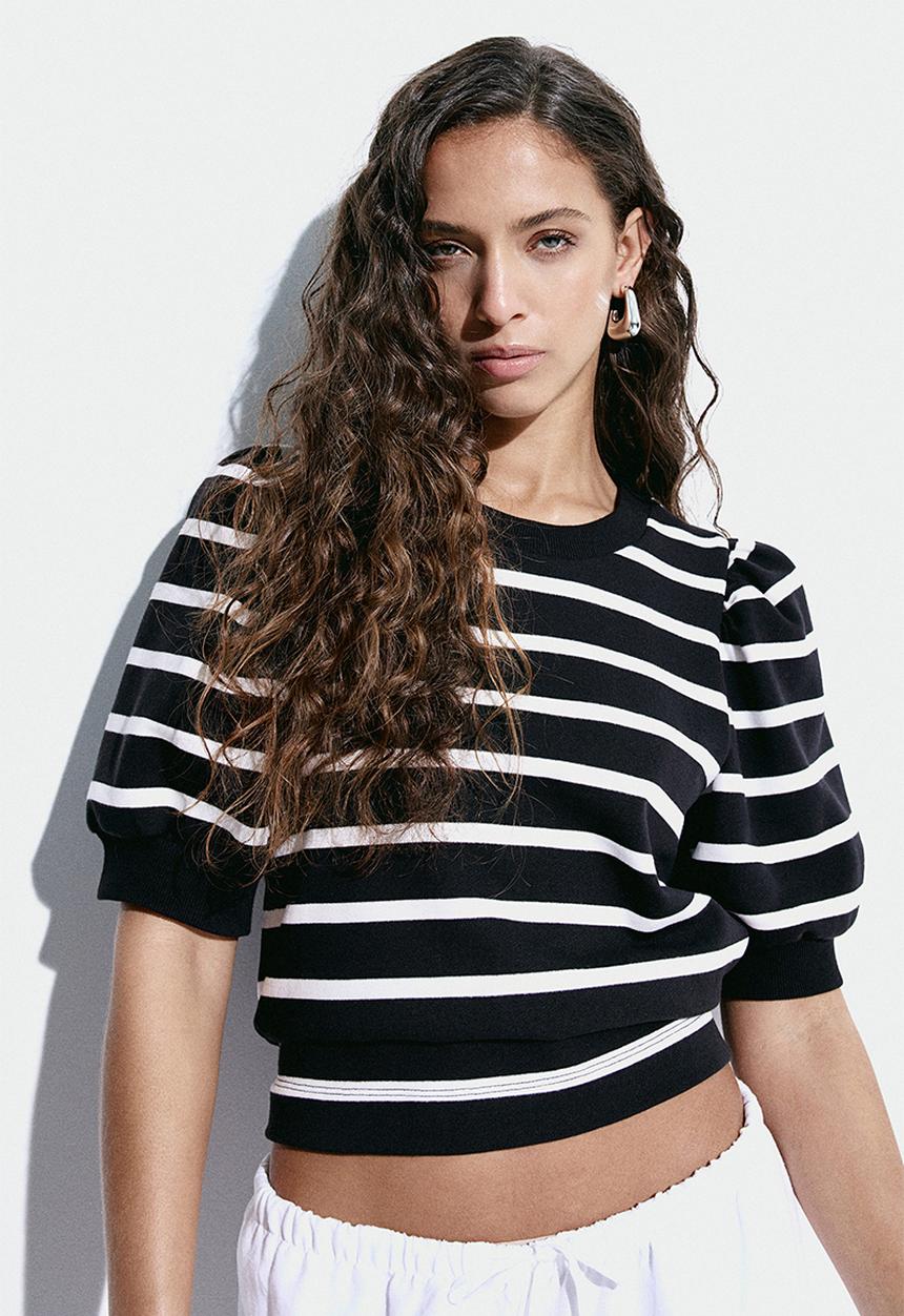 H&M - Puff-sleeved top - - black/white striped 