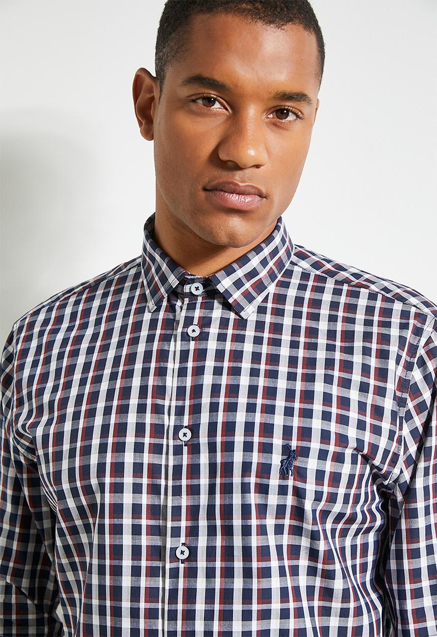 POLO - Mens Long Sleeve Micro Print Shirt  - Navy