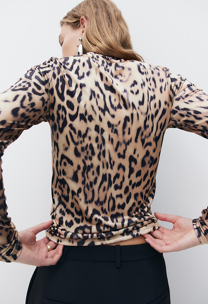 H&M - Turtleneck jersey top - light beige & leopard print