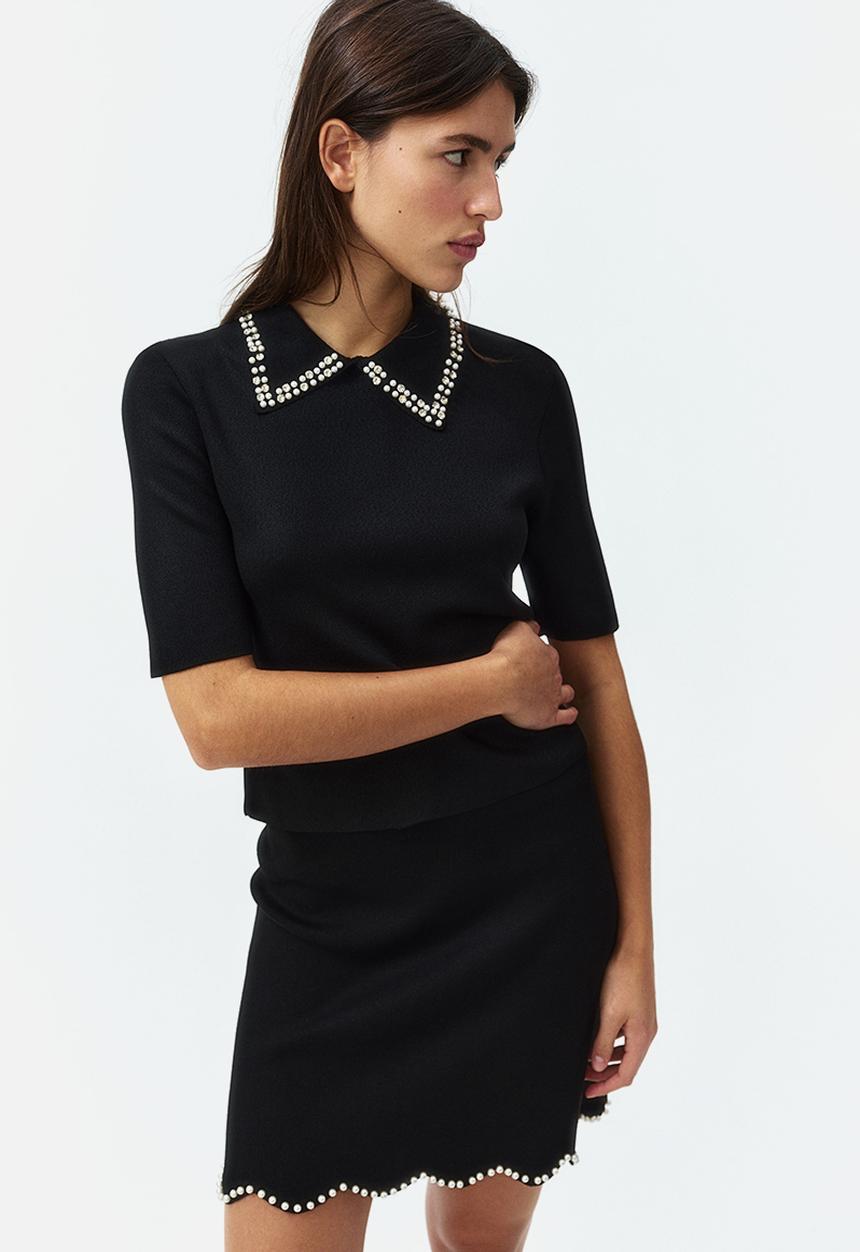 Embellished-collar knitted top - black - 1264542001
