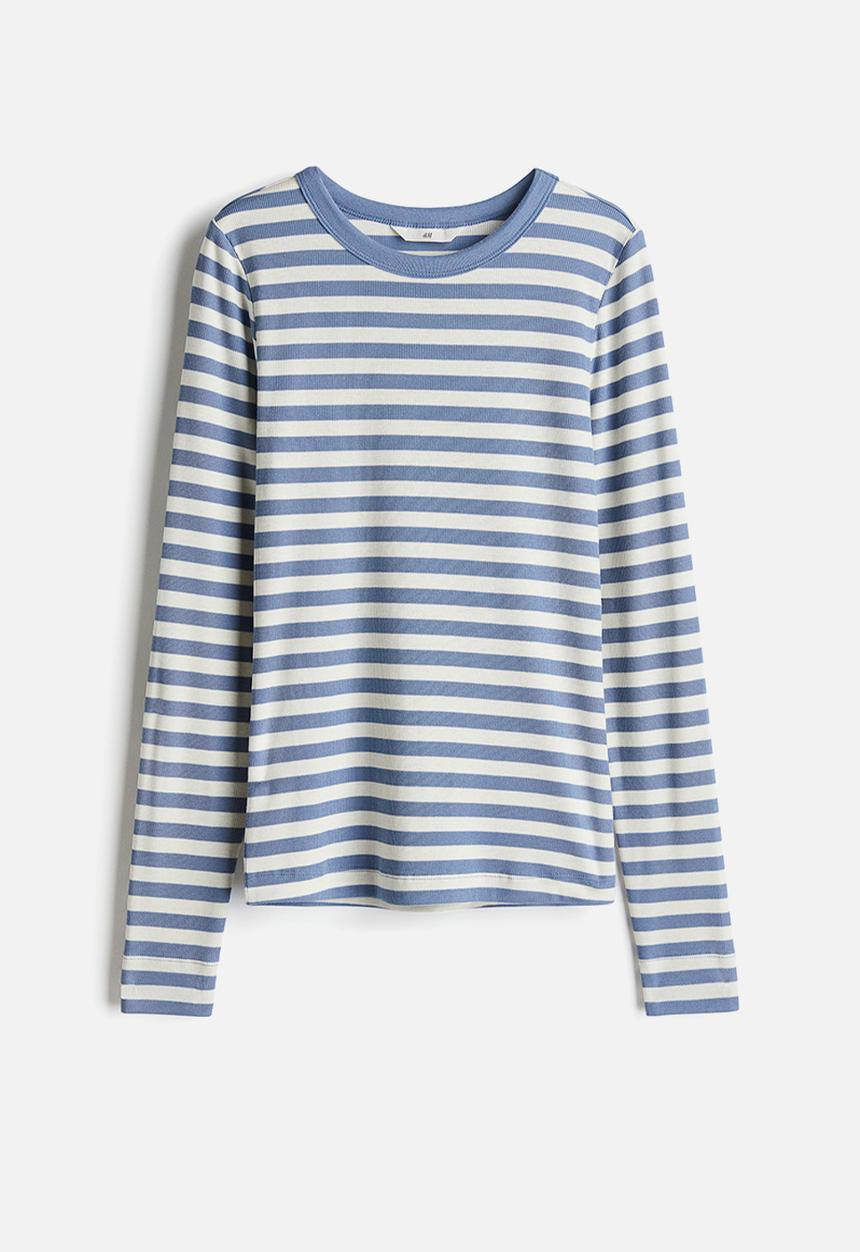 H&M - Ribbed jersey top - dusty blue/striped 